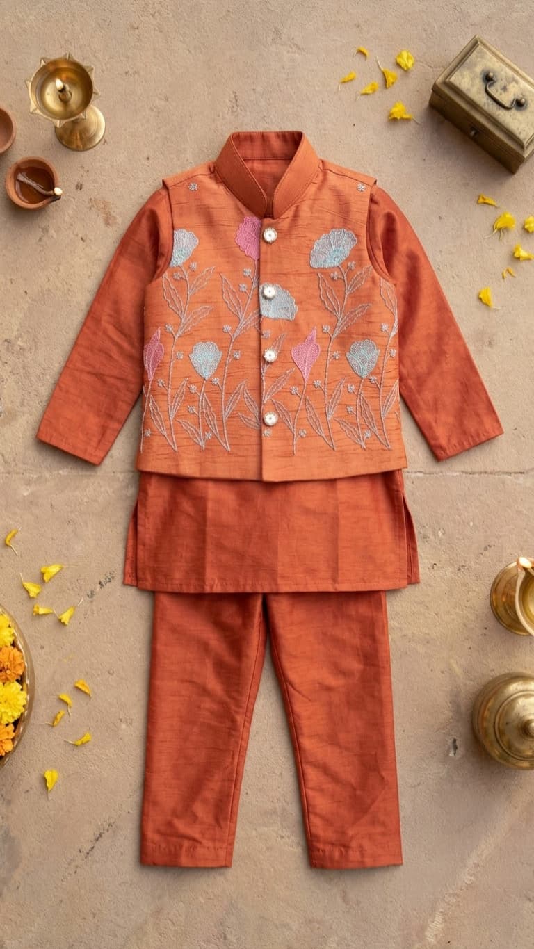 Orange blossom kurta pyjama koti set - Image 4
