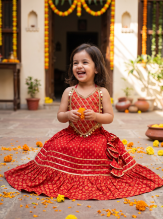 Red sanganeri jaipuri print festive lehenga